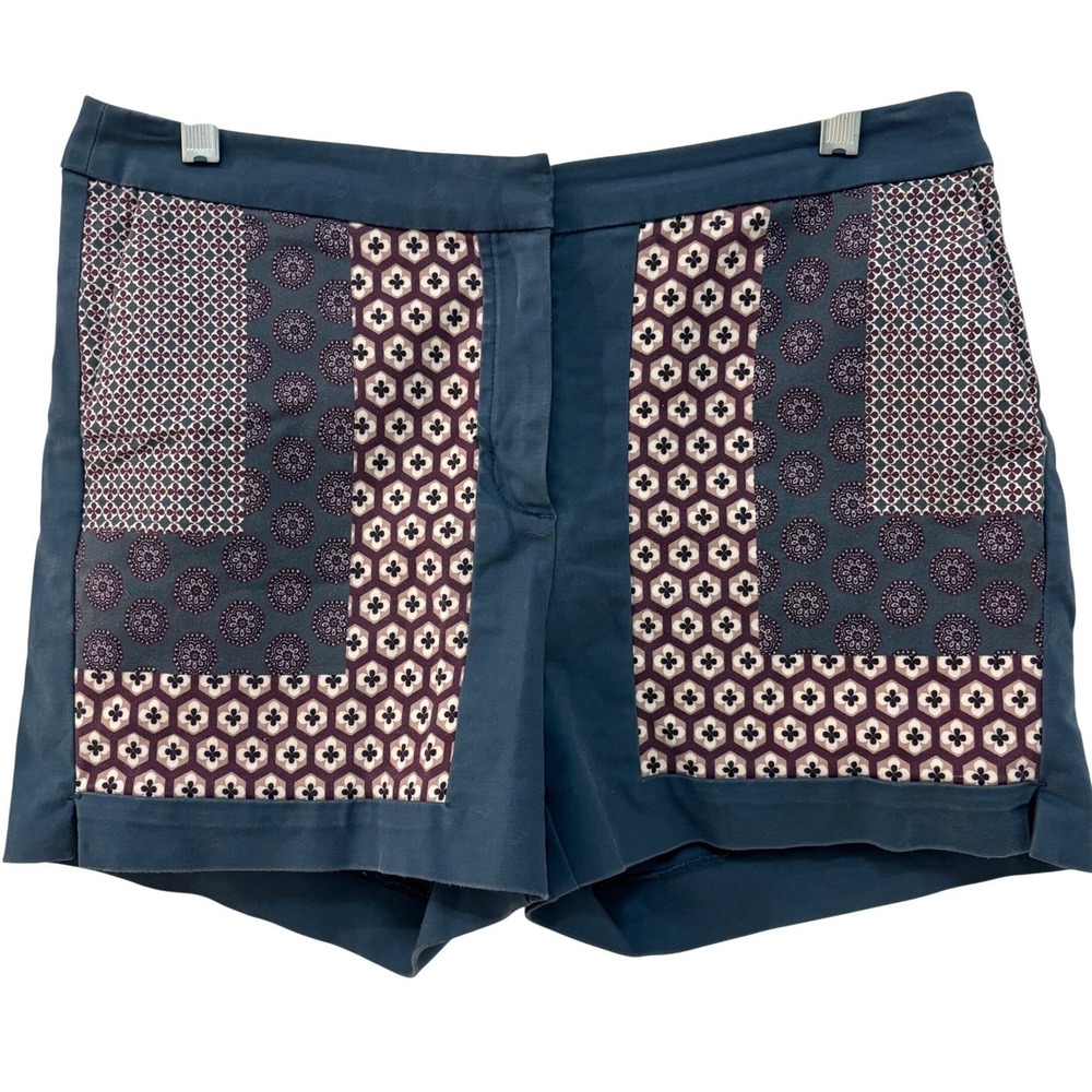 Boden Teal Blue Geometric Patchwork Shorts Womens US 6 UK 10 Cotton‎ Blend Boho